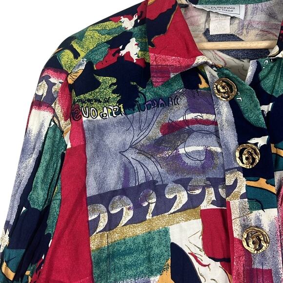 Vintage S.L. Fashions Button Up Blouse Womens 16 Multicolor Abstract Funky Retro - Picture 3 of 8